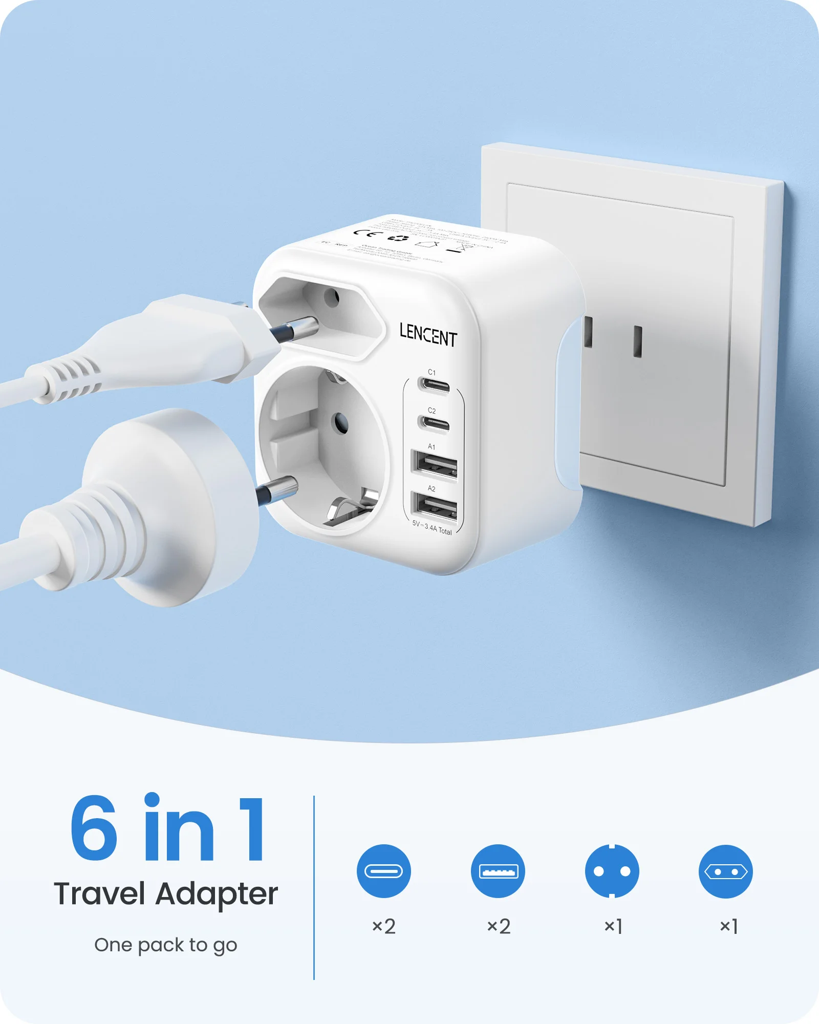 LENCENT الاتحاد الأوروبي إلى اليابان محول سفر قابل للطي مع 2AC + 2USB-A + 2 نوع C محول مأخذ التوصيل السفر المكونات نوع A للولايات المتحدة الأمريكية واليابان وكندا