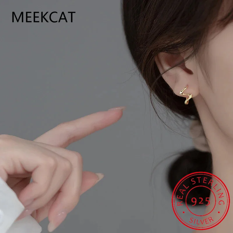 Real 925 Sterling Silver 18k Gold Irregular Wave Line Hoop Earrings Huggies For Charm Women Classic Fine Jewelry Accessories