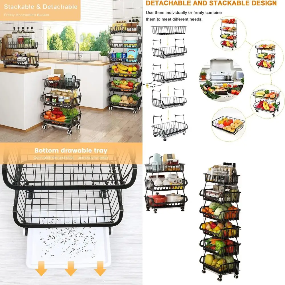 

6-Tier Rolling Kitchen Storage Basket Organizer with Wheels for Snacks and Household Items