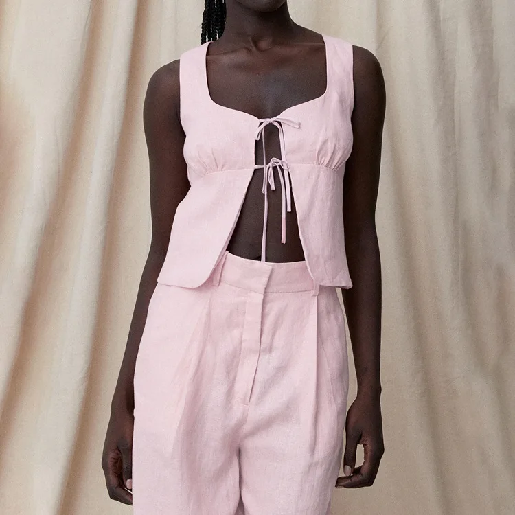 Fashion Sleeveless Tank Top With High Waist Wide Pants Set Female Streetwear Summer Loose Pink 2 Piece Sets Woman Outfit