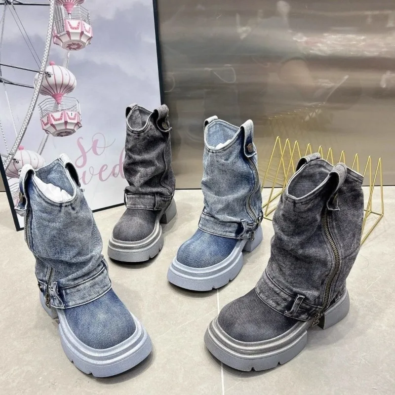 

Women's Round Head Cowboy Boots Fashion Thick Sole Side Zipper Women's Casual Ankle Boots Trendy Classic Cowboy Platform Boots