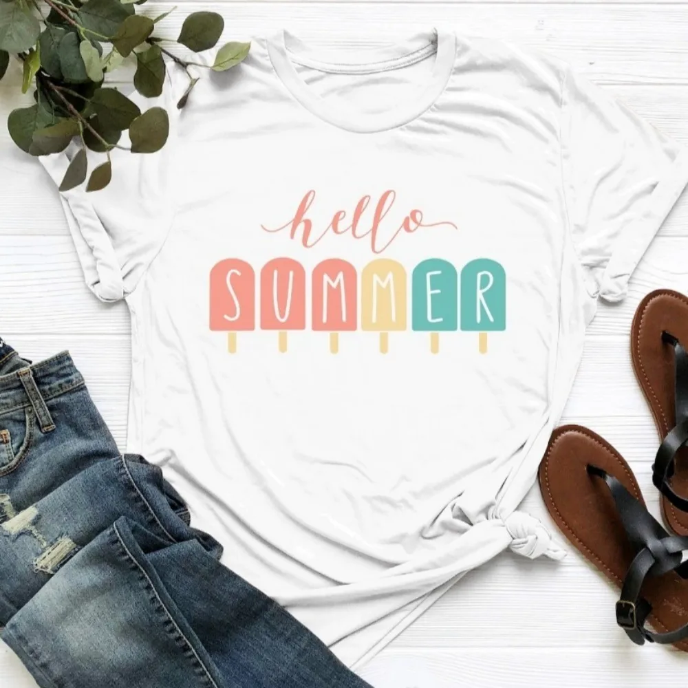 Popsicle Hello Summer T-Shirt Family Vacation Outfit Beach Travel Tops Funny Ice Cream Printing Summer Holiday Apparel