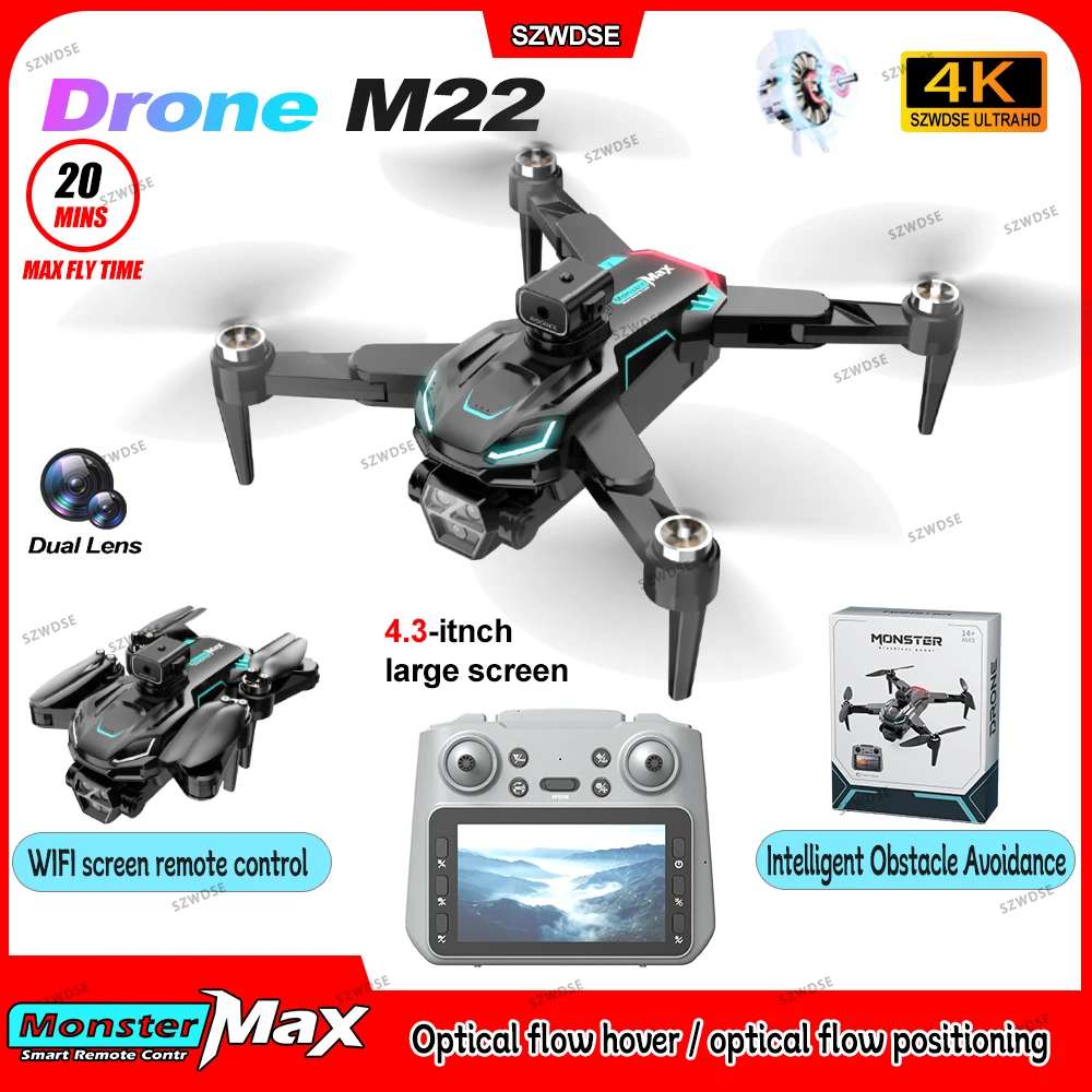 

New M22 MAX RC Drones Professional 4K HD Camera Aerial FPV Brush Avoiding Obstacle with Large screen RC Control Folding Dron Toy