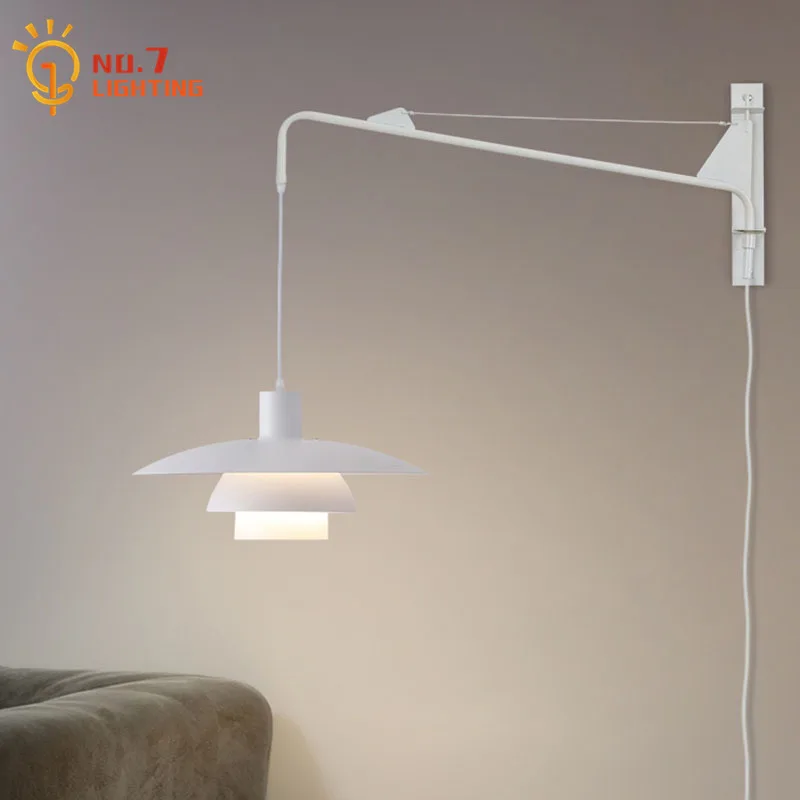 French Design Cream Wind Rotating White/Pink Wall Lamp Swing Arm Long Pole E27 LED Interior Lighting Restaurant Living Room Sofa