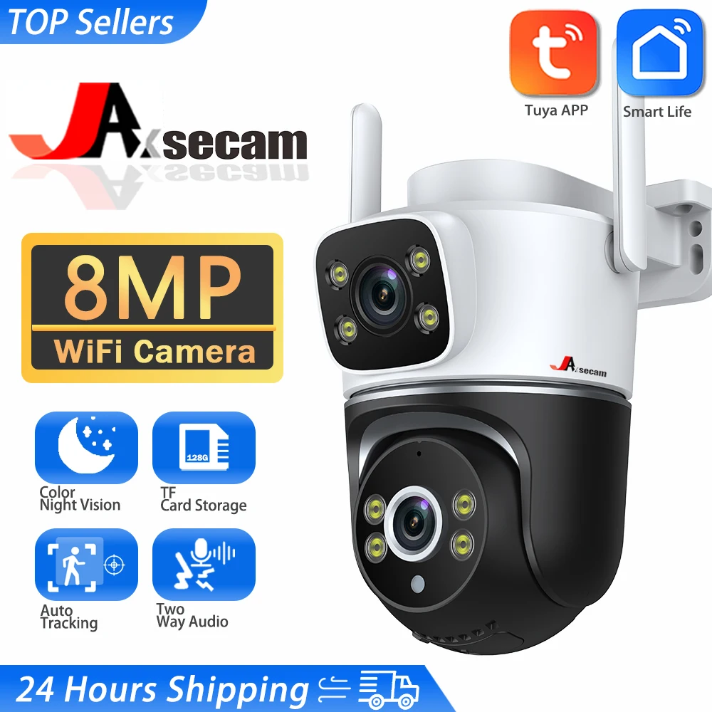 Tuya Smart 4K 8MP WiFi Camera Surveillance Dual Lens Dual Screen PTZ Security-Protection CCTV  Video IP Security Outdoor Camera