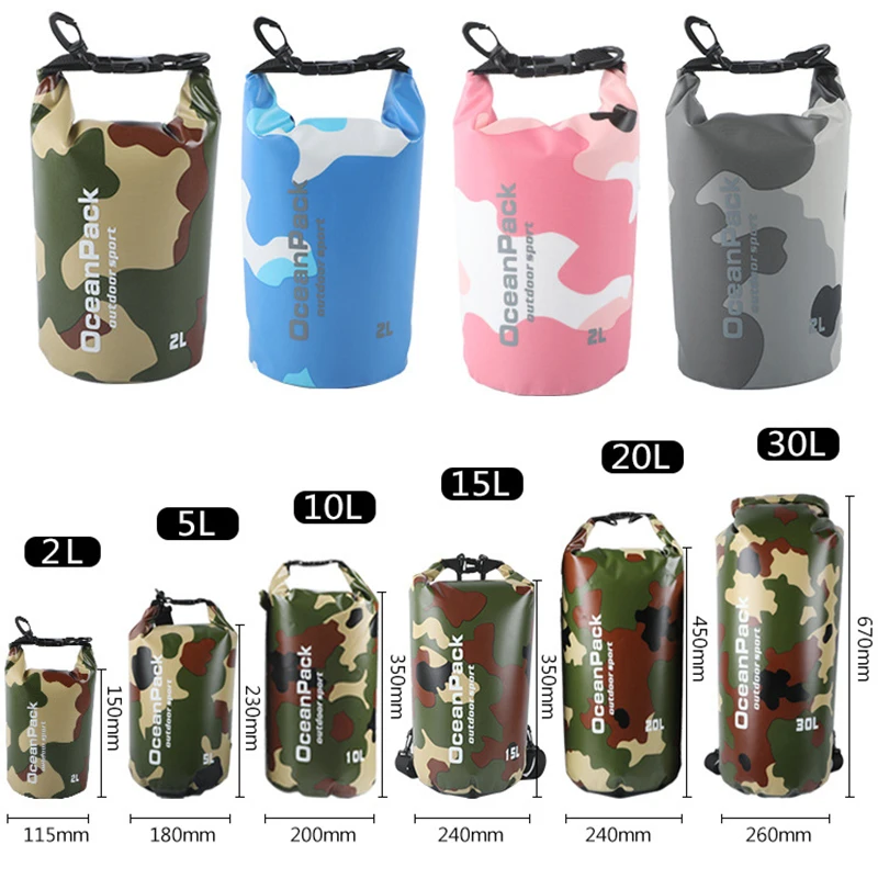 Pvc impermeável saco seco 2l 5l 10l 20l 30l camo mergulho ao ar livre dobrável homem mulher praia natação saco rafting rio oceano mochila