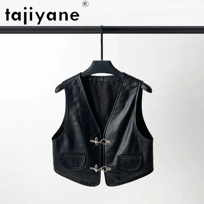 TAJIYANE Short Real Leather Jacket Women V-neck Veste Femme Sheepskin Airplane Buckle Jackets for Woman Coat Jaqueta Sleeveless