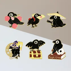 6pcs Cute Cartoon Black Crow Enamel Brooch Creative Animal Bird Adorkable Lapel Pin Badge Backpack Clothing Hat Accessories