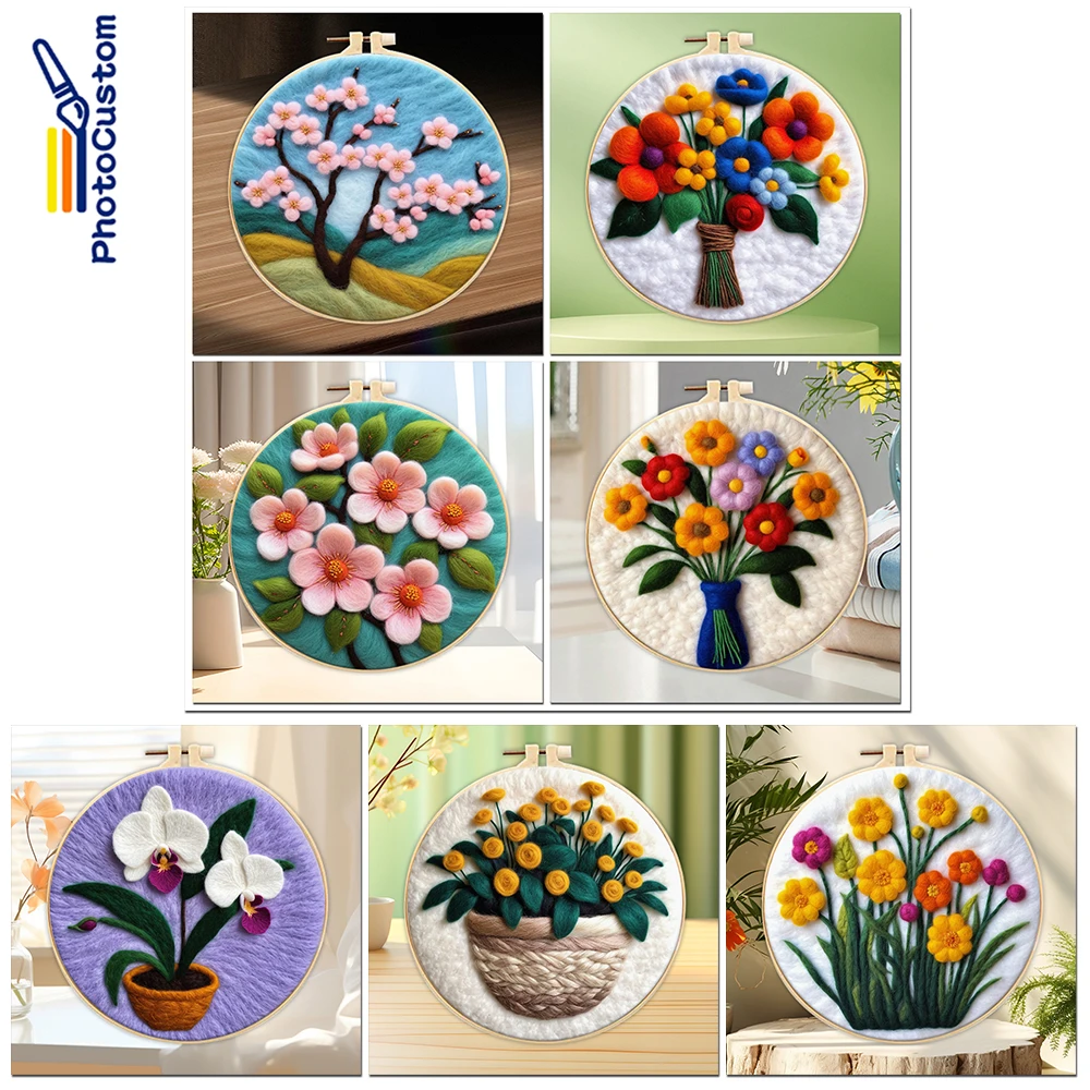 

PhotoCustom Wool Paintings Kit With Frame DIY Wool Needle Felt Picture Kit Mandala Flowers Felt Package Craft For Friends Gift