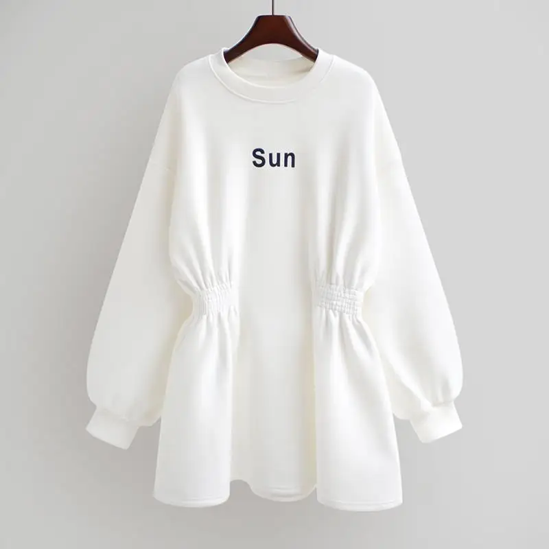 Plush Thickened Sweatshirt Dress Women 2022 Spring Chic Casual Slim  Loose Medium Length Waist Closing Pullover Long Sweatshirt