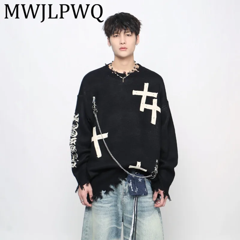 

MWJLPWQ High Street Gothic Jacquard Sweater Men's High Street Oversize Trendy Niche Couple Casual Knitwear Autumn Winter 21120