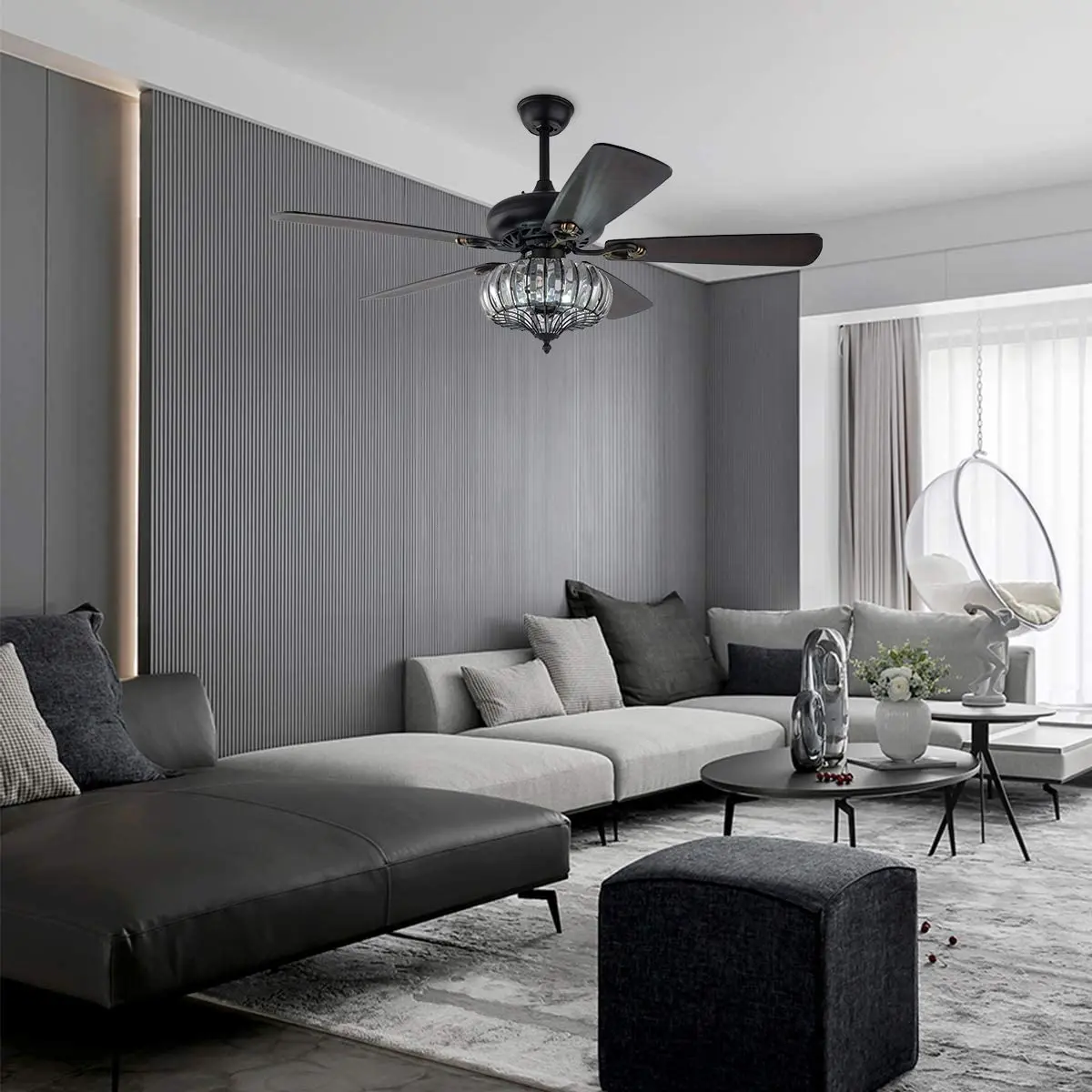 52" Ceiling Fan Black Crystal Ceiling Fan with Light 5-Blade Chandelier Lamp 3-Speed with Remote,110V 60W