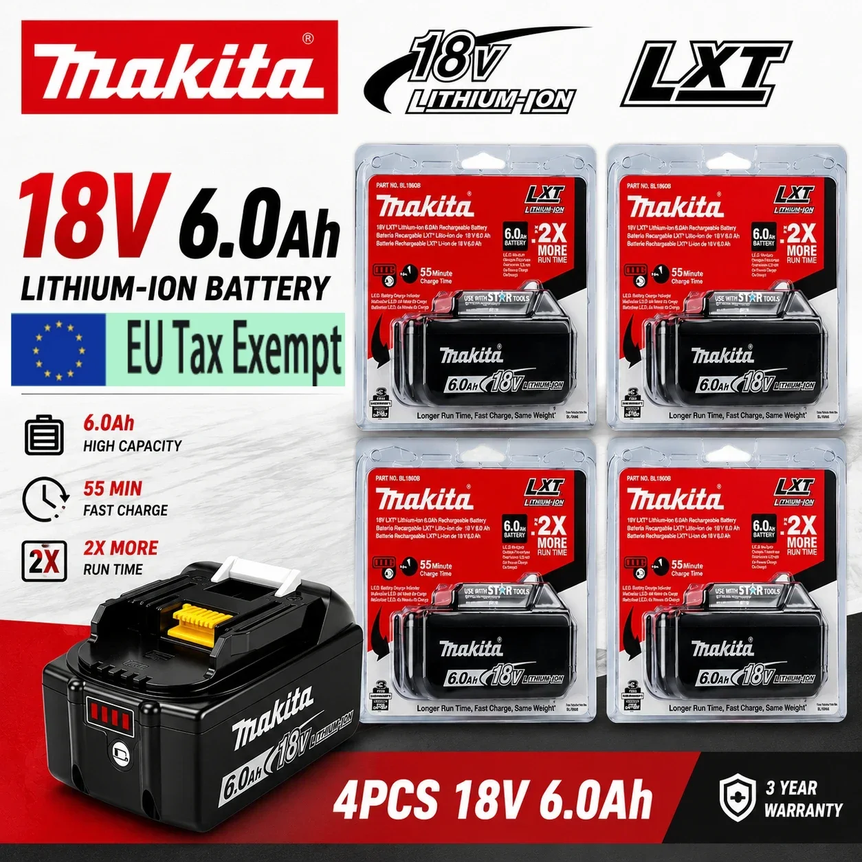 Batteria al litio da 18 V di ricambio con indicatore LED, compatibile con gli utensili elettrici a batteria Makita 18 V LXT BL1850B, BL1860B, BL1840B, BL1830B, BL1820, BL1815.