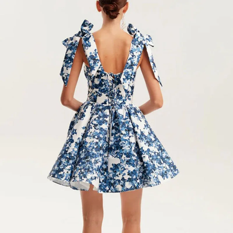 Casual boho feminino verão floral impressão mini vestido sexy arco sem costas sem mangas praia vestido de verão elegante noite vestidos de baile