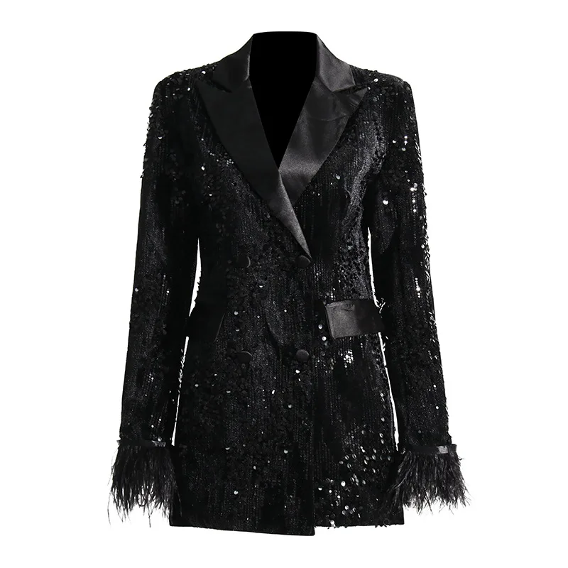 Boutique Style 2024 New Outwear Sequin Decoration Blazer Simply Fashion Style Slim Fit Suit Top Women's Coat