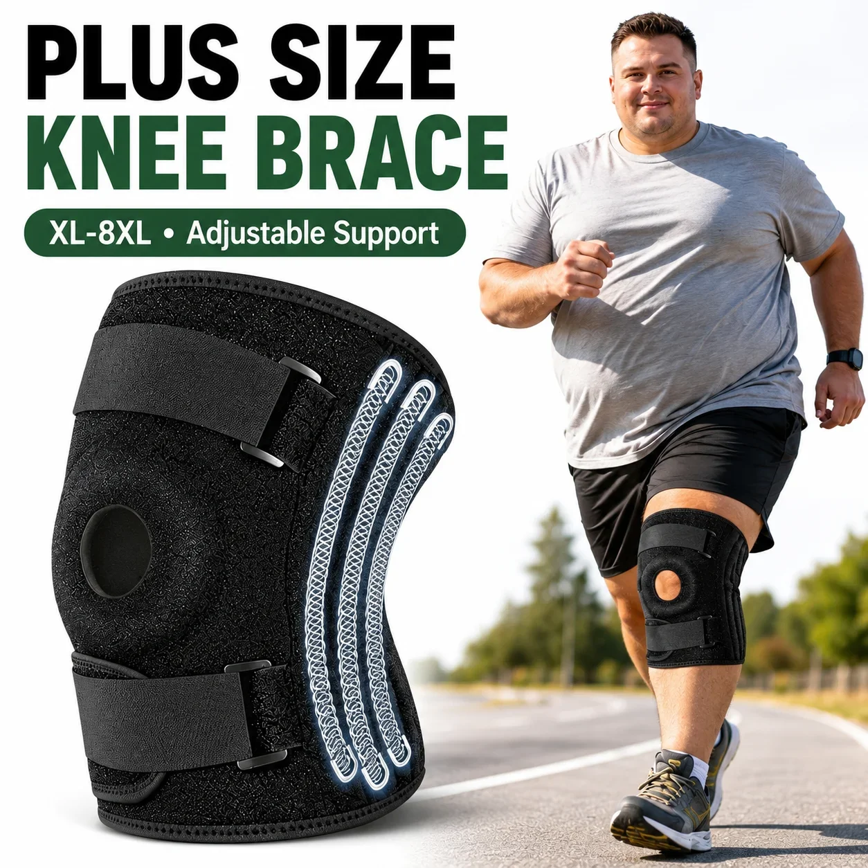 XL-8XL Große Sport-Kniebandage mit Verstellbarem Riemen, Silikon-Feder-Kniestütze, Patella-Schutz, Kniepolster für Laufen und Wandern