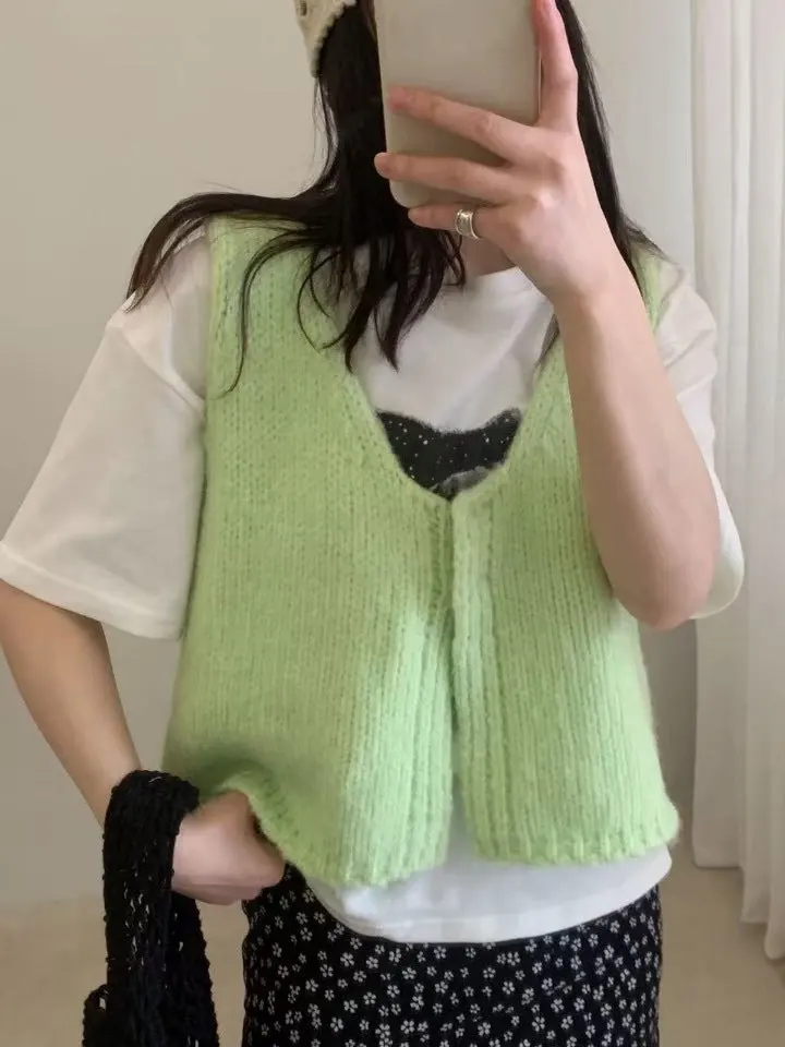 

Корейский однотонный вязаный жилет для женщин, модный топ для многослойных образов, облегающий повседневный топ для девочек-подростков