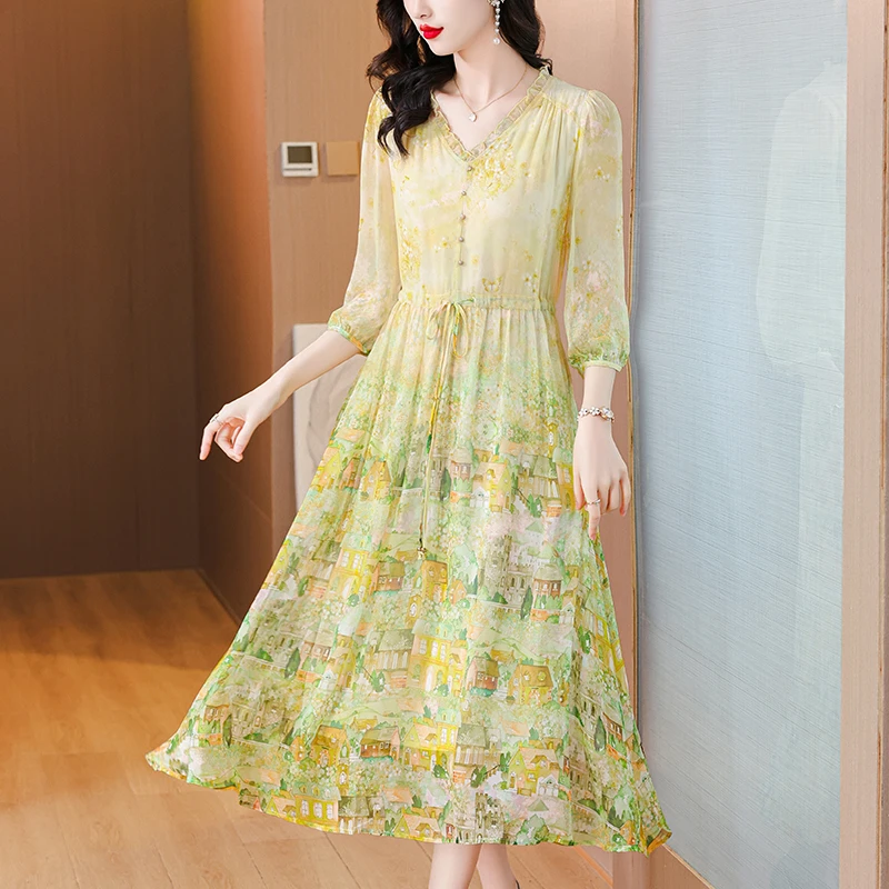 2024 Spring/Summer New Lady V-Neck Heavyweight Silk Mulberry Silk Printed Waist Wrap Dress Women's Style Silk Dress