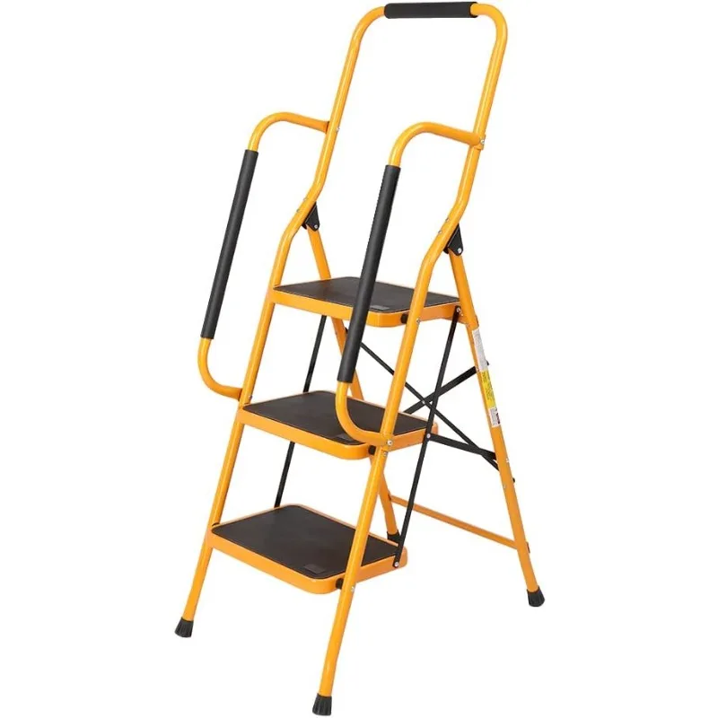 3 Step Ladder with Handrails, 330lbs Folding Step Stool, w/Non-Slip Side Armrests Large Pedal Area, Suitable for Home Office