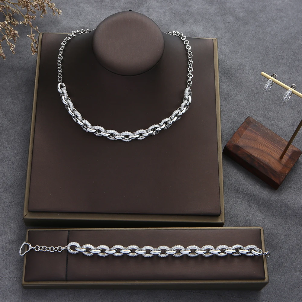 Luxury Splicing Double Ring Chain Necklace Earring Bracelet Sets Stackable For Women Girlfriend Wife Gift Mujer Moda S300