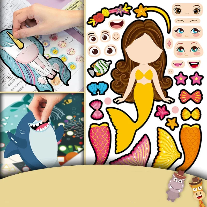 DIY Kids Stickers Puzzle Games Zoo Animal Dinosaur Shark Princess Assemble Jigsaw Baby Recognition Training Education Toys Reuse