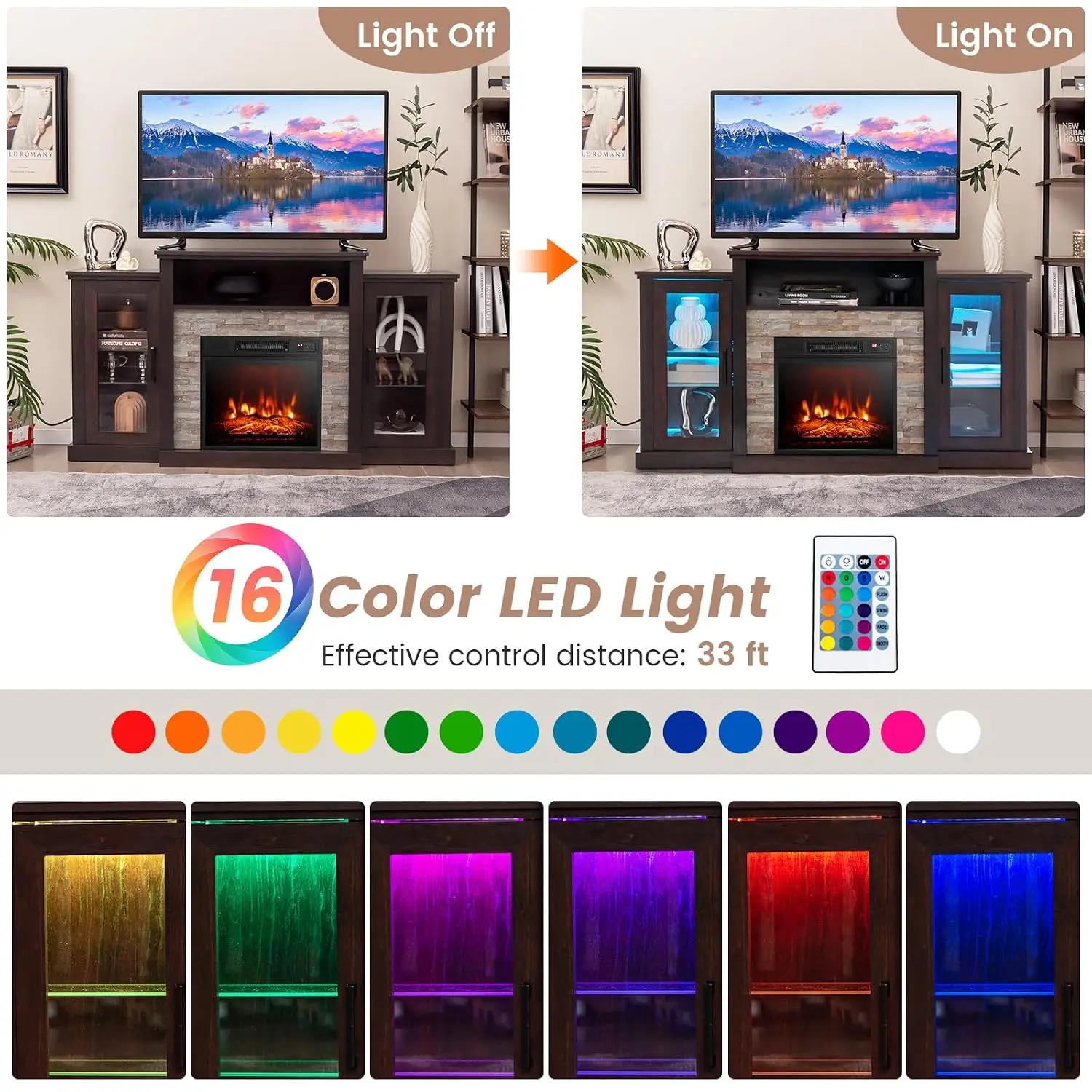 Electric Fireplace TV Stand 65 Inch LED Light Glass Shelves 19 Inch Insert Remote APP Control Entertainment Center, Customized
