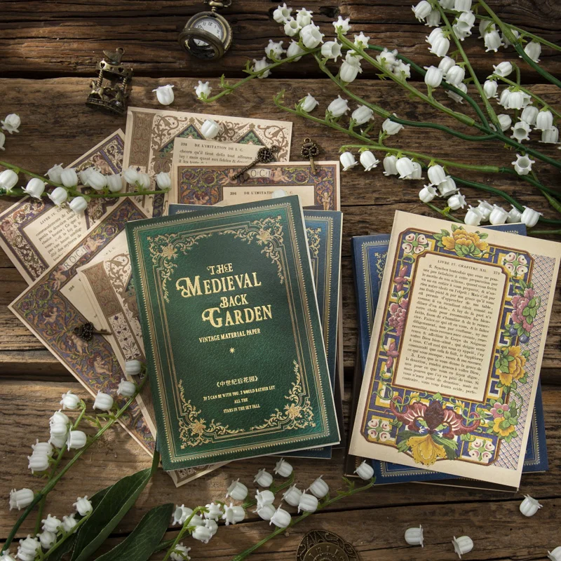 50 Sheets Material Paper Medieval Backyard Series Vintage Floral Pattern Handbook Craft Texture Decorative Backing Stationery