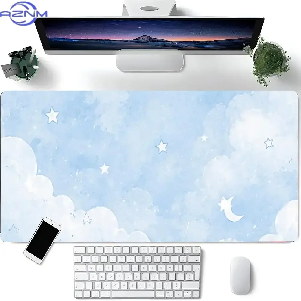 Light Blue Watercolor Cloud Moon Star Mousepad Rubber Non-Slip Large Desk Mat Cute Sky Aesthetic Pattern Keyboard Pad for Gaming