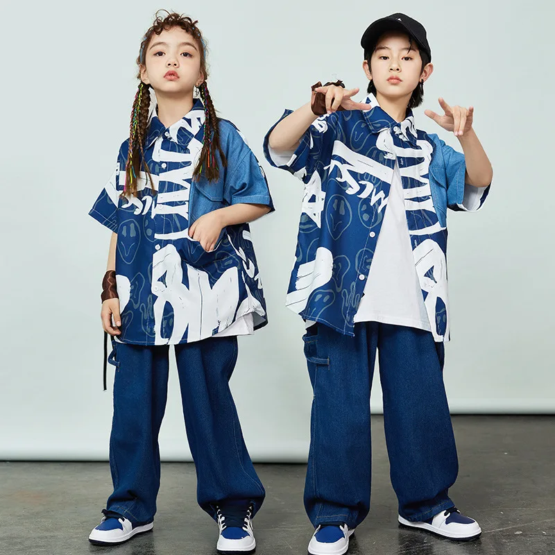 

Kid Hip Hop Clothing Print Denim Blue Oversized Shirt Top Casual Wide Baggy Jeans Pants for Girl Boy Jazz Dance Costume Clothes