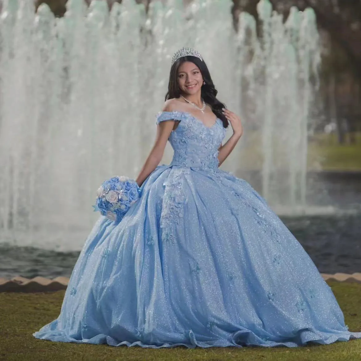 فستان Quinceanera مزين بالتول ، أزرق سماوي ، زهور ثلاثية الأبعاد ، فستان حفلة الأميرة ، فستان 16 حلو ، حفلة عيد ميلاد 18