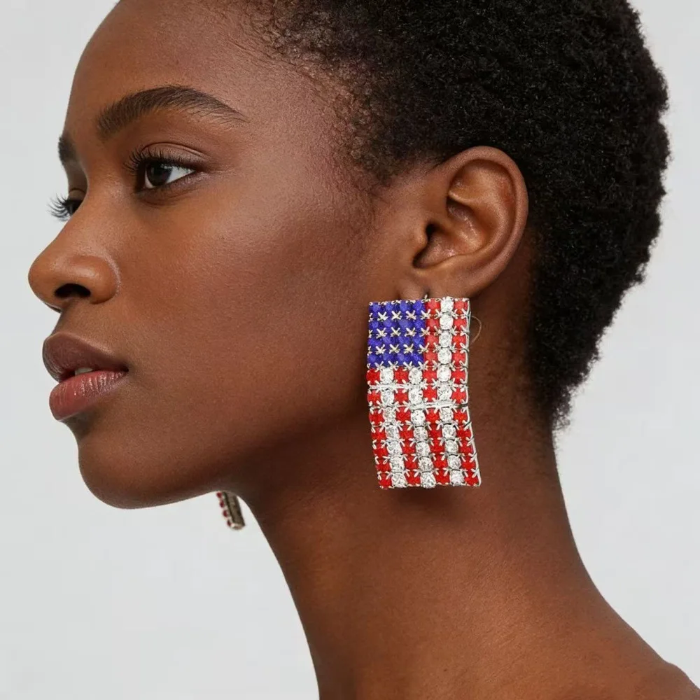Full Diamond Square American Flag Earrings Earrings Banquet Exaggerated Rhinestones Independence Day Theme Stud Earrings Women