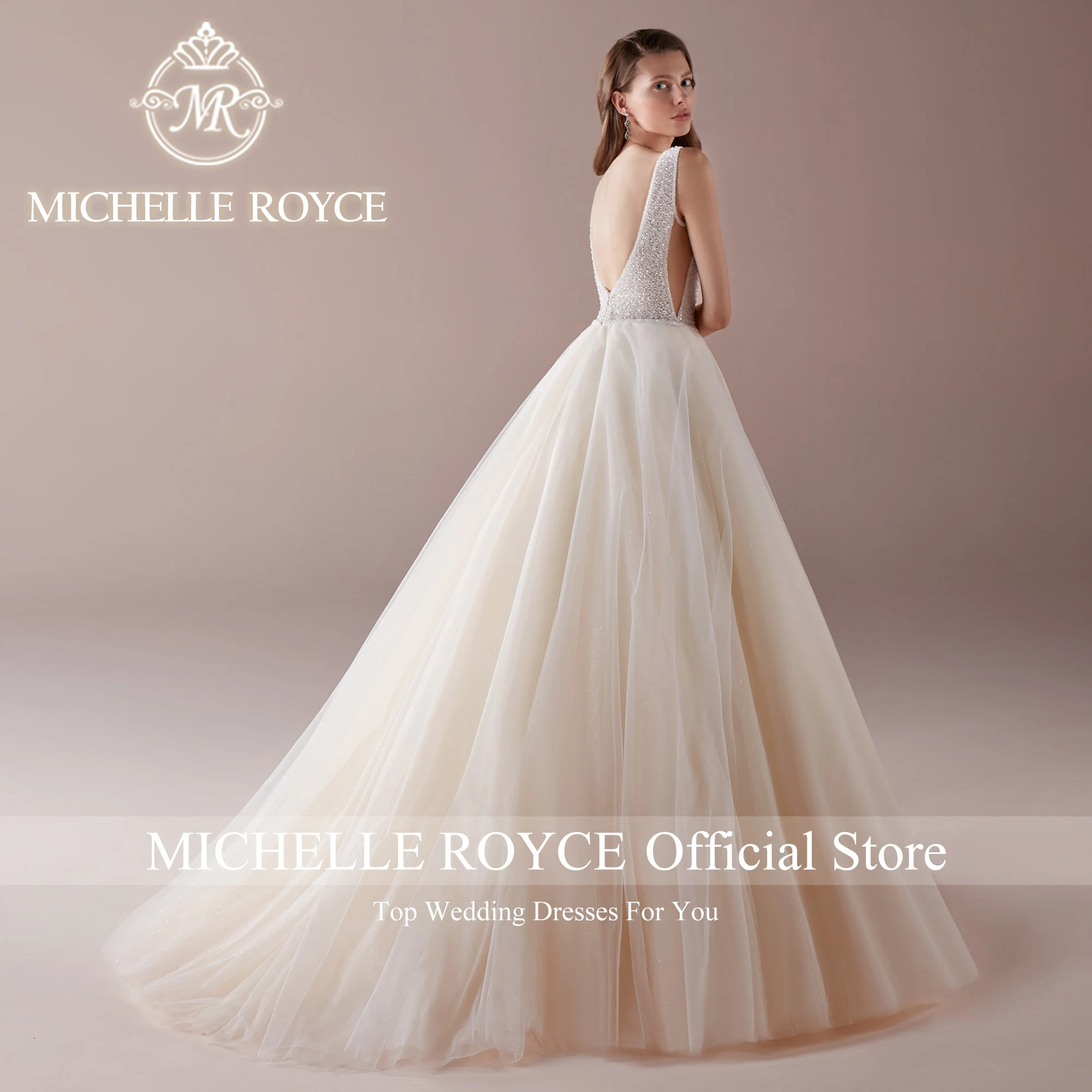 Michelle royce ballkleid hochzeits kleid eleganter tiefer v-ausschnitt rücken freier glitter tüll exquisites hochzeits kleid vestidos de novia