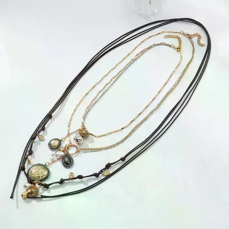 Party-ready Multi-strand Bohemian Necklace; Women's Rope Chains with Iconic Round Coin Badge Pendant.