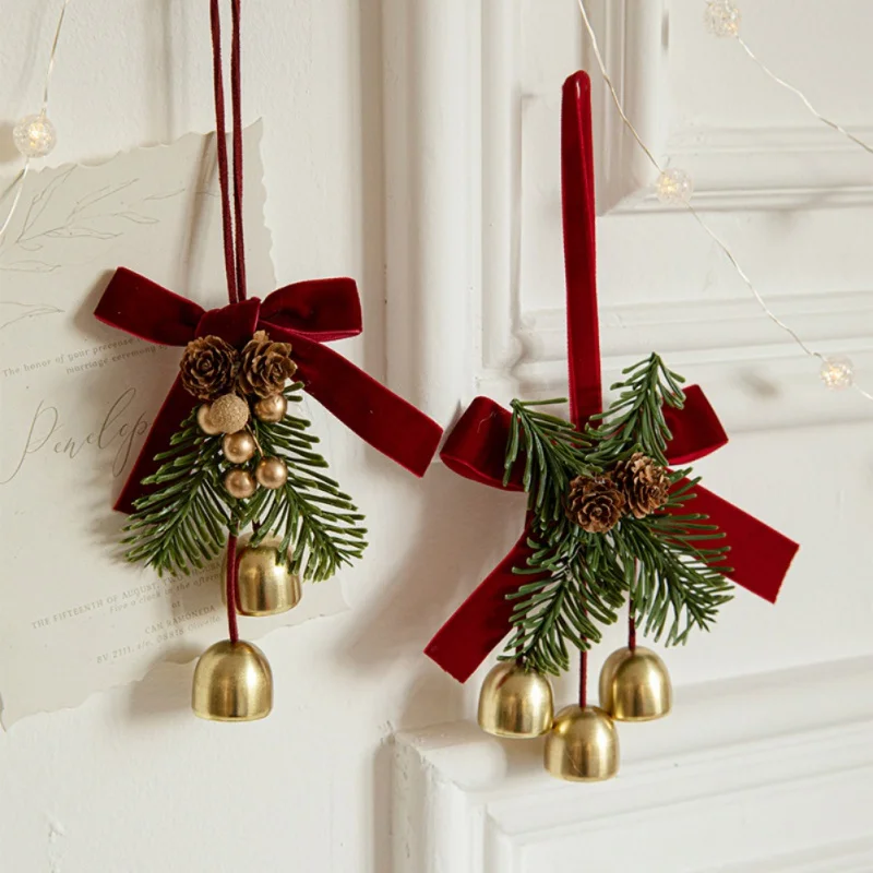 Christmas Bell Ornament Gold Bell with Red Ribbon Merry Christmas Metal Bells Christmas Tree Hanging Decoration for Home Party