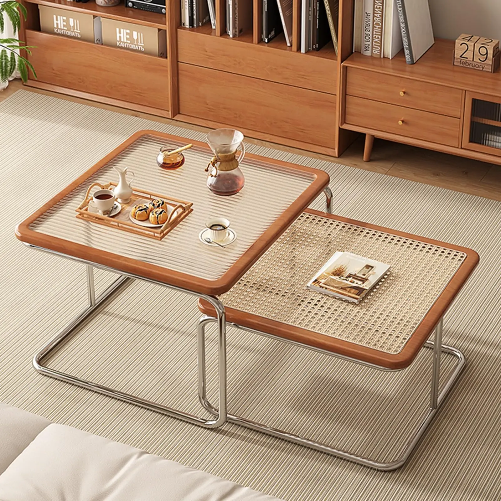 مجموعة طاولة القهوة المتداخلة مكونة من طاولتين مستديرين مع طاولات جانبية لطاولة نهاية صناعية قابلة للتعديل لساحة شرفة غرفة المعيشة #1