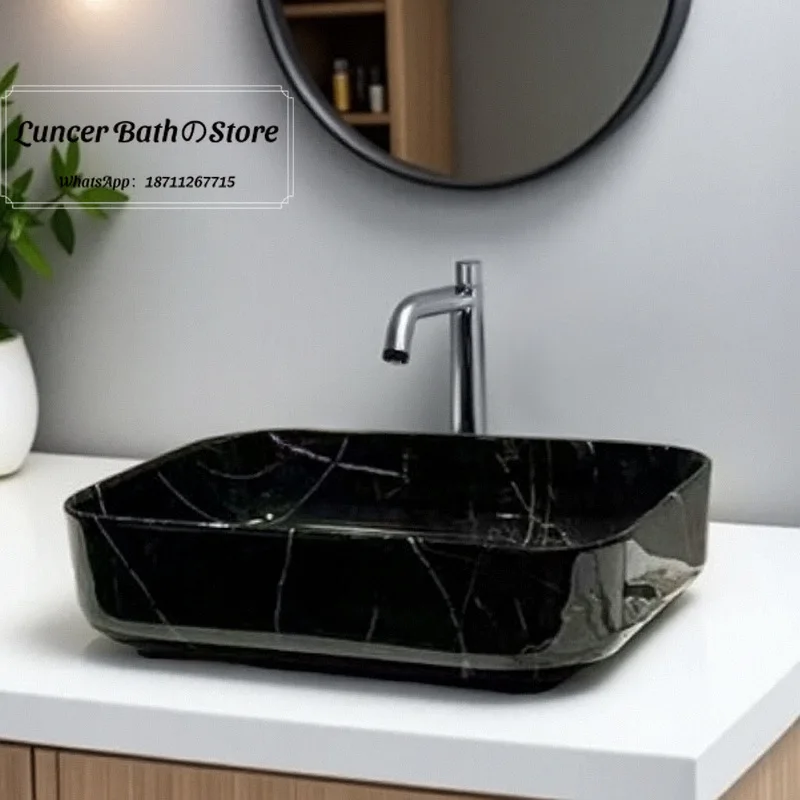 Black marble-patterned countertop basin, wash basin, round ceramic face basin, bathroom, hotel, guesthouse, balcony basin