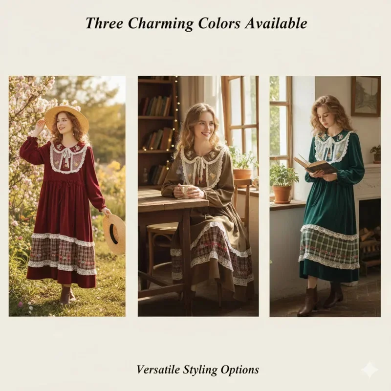 French Grid Lace Midi Dresses Y2K Vintage Corduroy Dresses Ruffled Peter Pan Collar Sweet Waist Cinched A-Line Long Dresses New