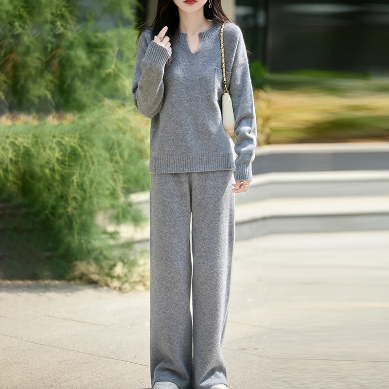 Women's Suit Spring Autumn Winter 100% Merino Wool Pullover Sweater Fashion High Waist Straight Pants Knitwear Two Piece Set