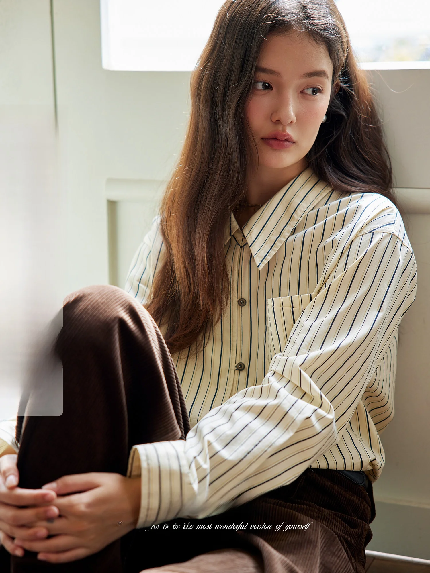 

Retro Striped Women's Long Sve irt Autumn Winter Turn-down Collar Slimming Versatile Inner Wear Faionable Girl's Clothing