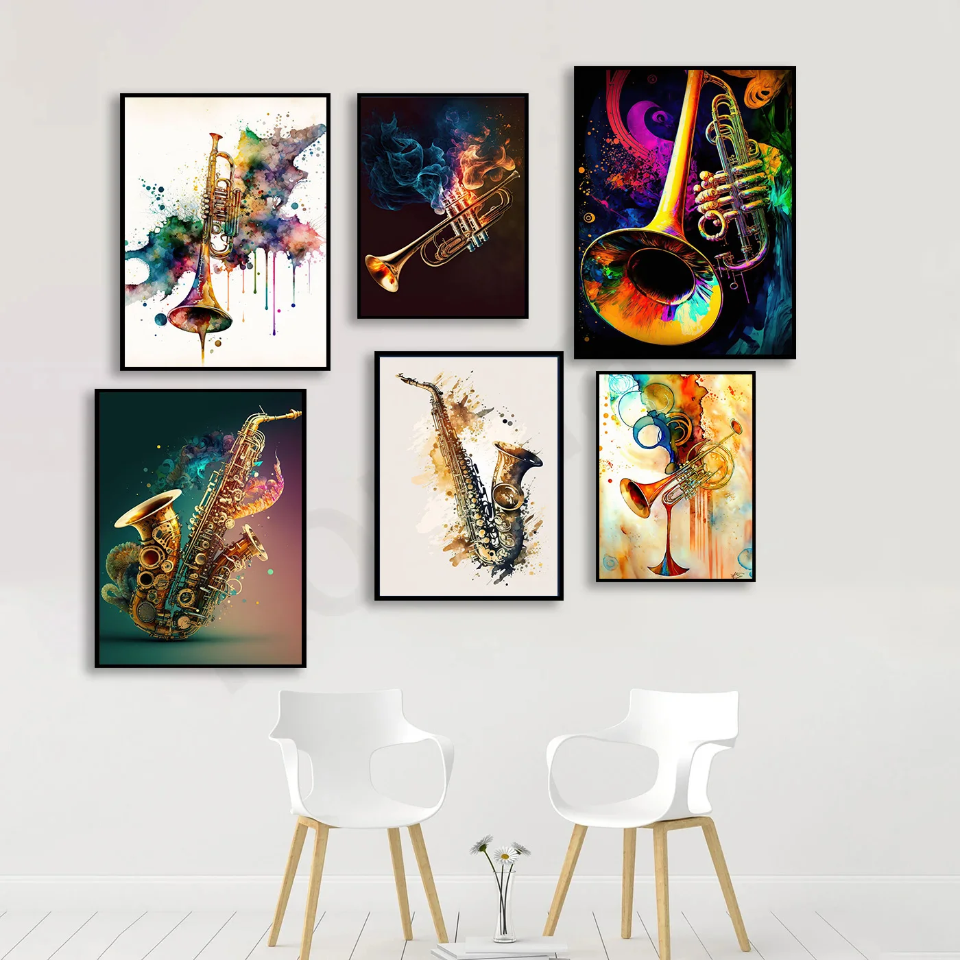 Affiche de saxophone de trompent de musique florale colorée vintage, peinture sur toile, art mural, gérer le studio, cadeau de d