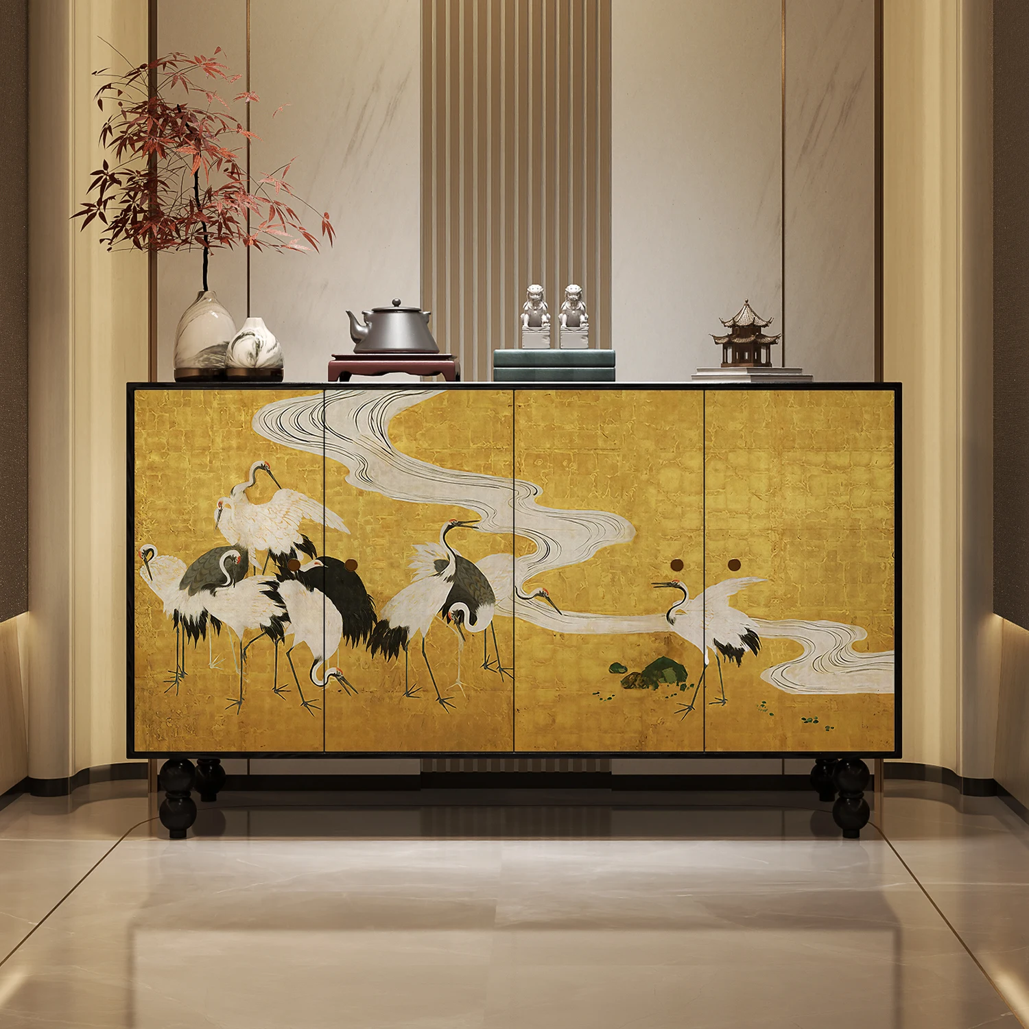 

Новый журавль в китайском стиле, благоприятное облако, золотая дверь, шкаф, декоративный шкаф из цельного дерева