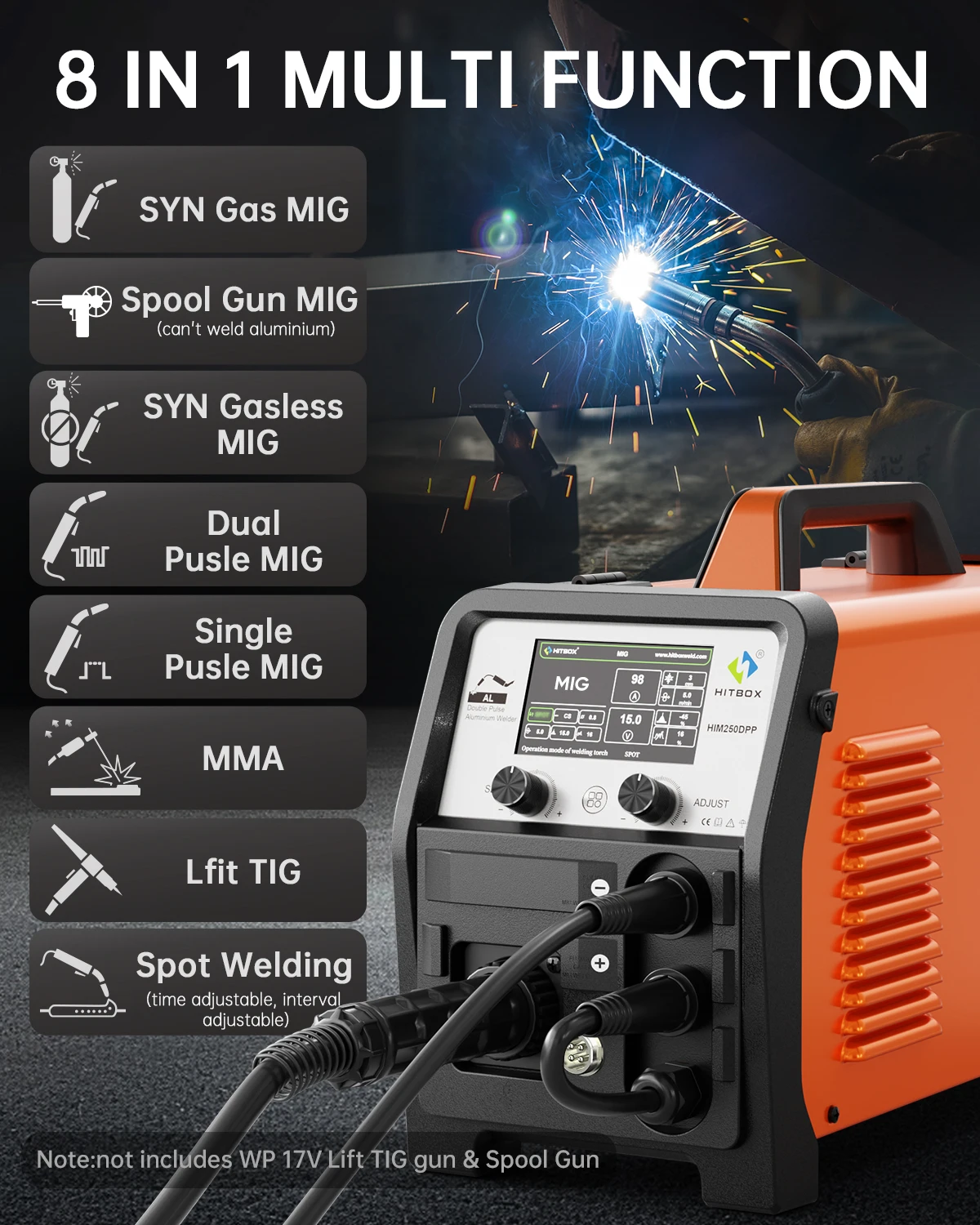HITBOX Welding Machine HIM250 DPP 180A MIG Gas/Gasless /MMA/Lift TIG IGBT Inverter Welders Double Pulse Aluminum Welder MIG