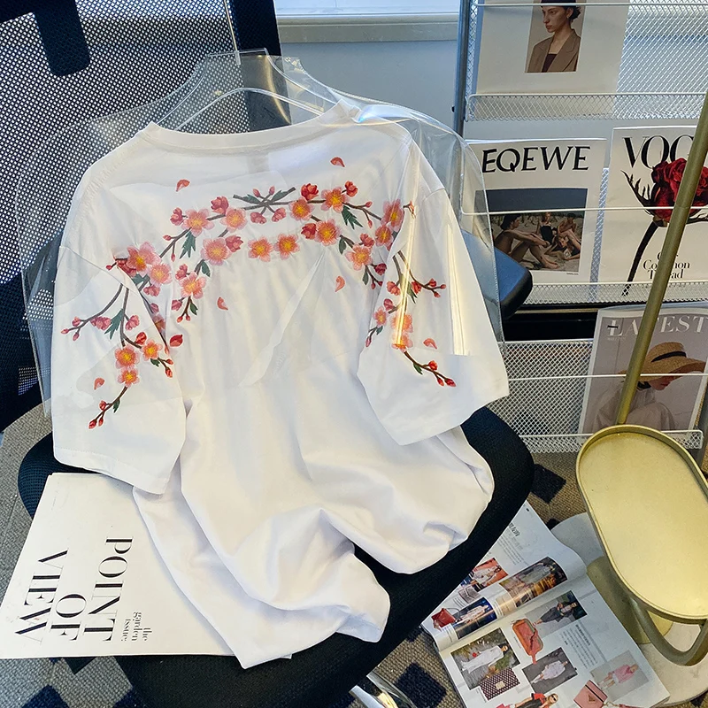

Retro Plum Blossom Embroidery ort Sve T-irt Pure Cotton ex Summer Casual Loose Fit round Ne Top for Youth