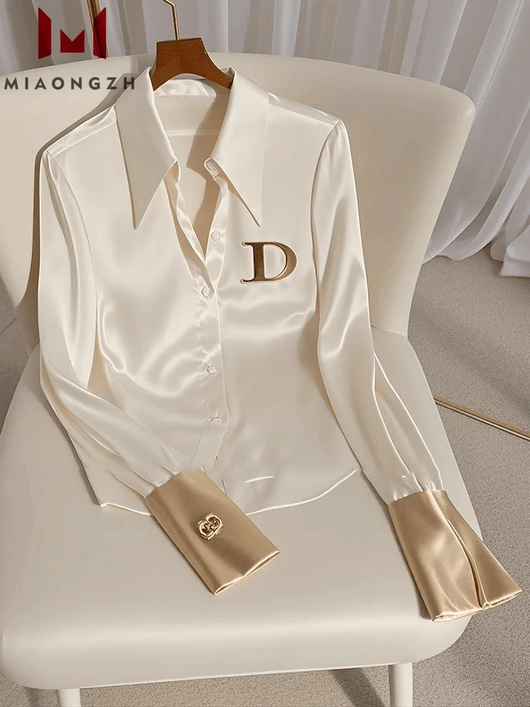 High Quality Fashion Women\'s White Satin Shirt Turn Down Collar Long Sleeve Blouses 2024 Autumn New For Women Casual Simple Tops