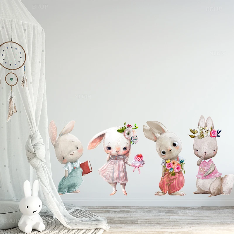 1Pc Watercolor Cartoon Bunny Wall Stickers Home Decor for Children's Room Baby Wall Decals for Kids Room Living Room Bedroom