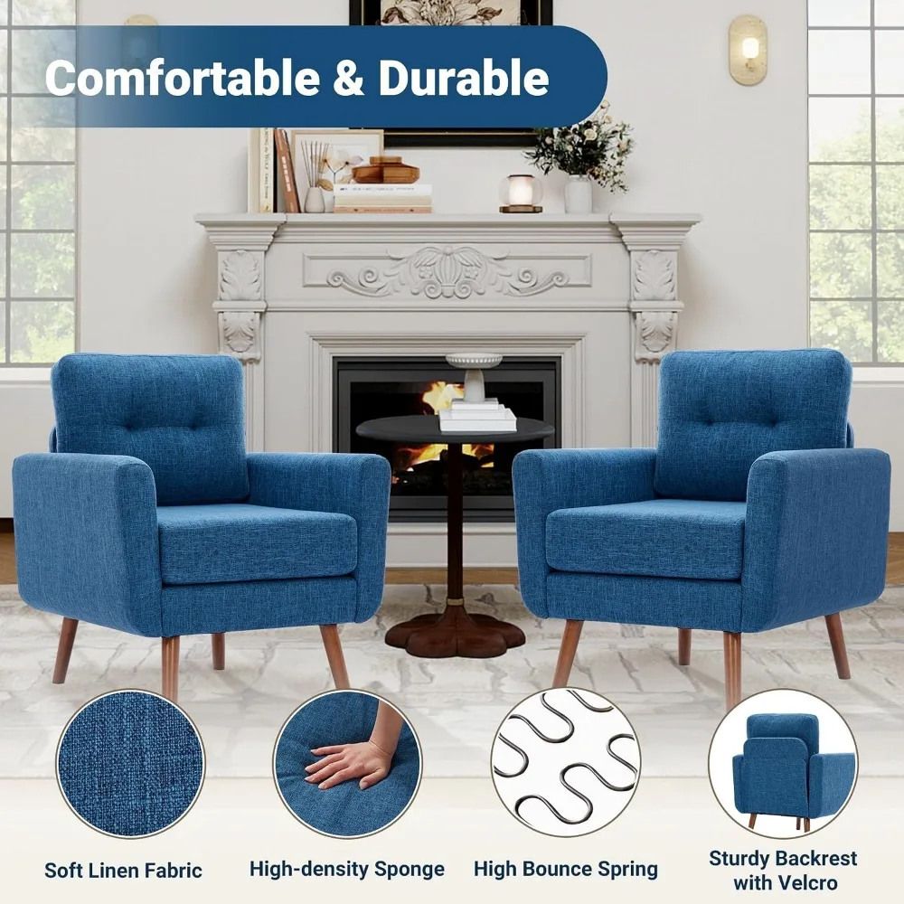 Mid Century Modern Linen Single Sofa Chair, Button-Tufted, Comfortable Reading Seating for Living Room, Bedroom, Blue - view 5