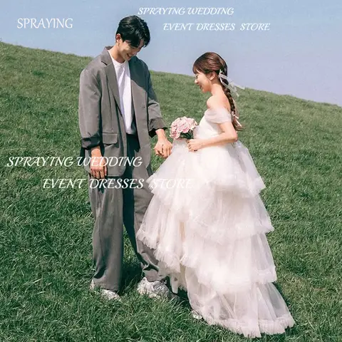 SPRAYING 럭셔리 Tulle Tiered 웨딩 드레스 한국 사진 촬영 아이보리 오프 어깨 바닥 길이 신부 가운 코르셋 웨딩 드레스 맞춤형