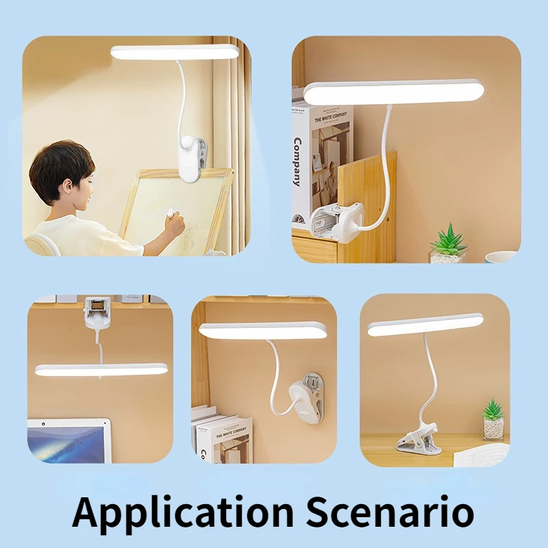 Clip-on LED Desk Lamp USB Rechargeable Table Lamp Book Reading Night Light for Bedroom 3 Mode Dimming Eye Protection for Student