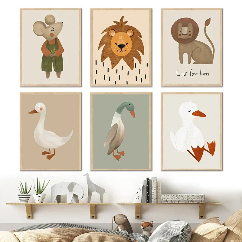 Nordic Cartoon Lion Rabbit Mouse Goose Duck Wall Art Canvas Painting Nursery Poster and Prints Pictures Baby Kids Room Decor