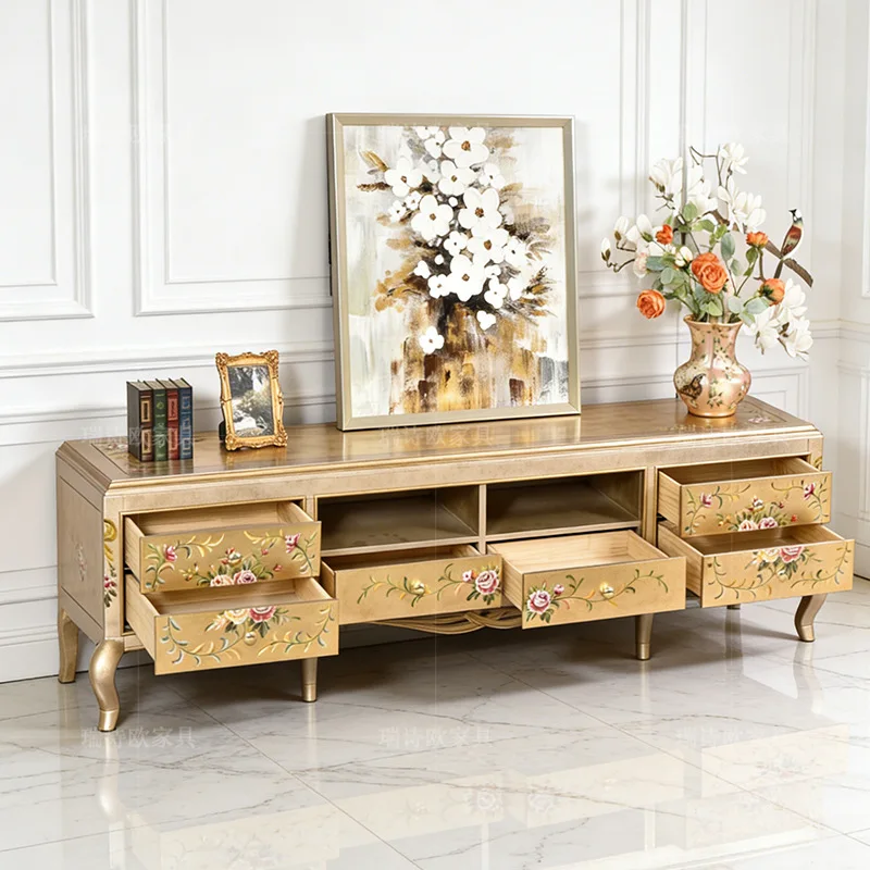 HYS American retro solid wood painted and painted TV cabinet European court storage locker retro carved storage cabinet